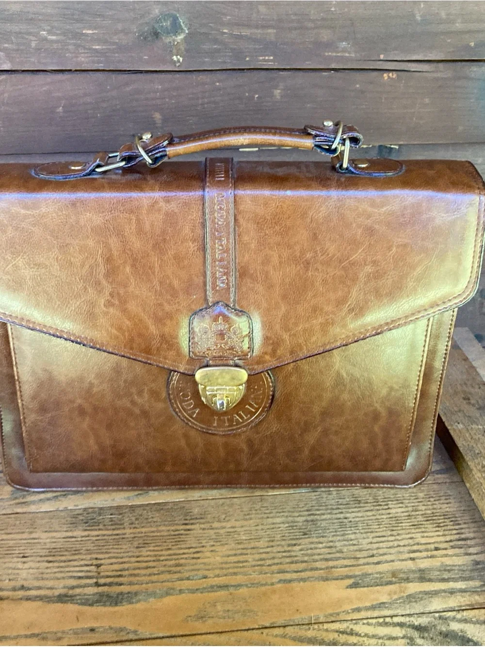 Vtg 90s Italian Brown Leather messenger Briefcase Shoulder Bag